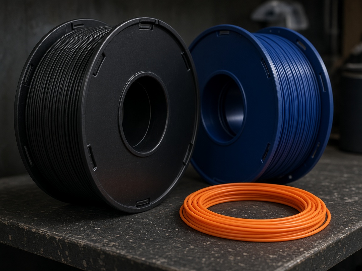 Filamentspulen in Schwarz und Blau mit einer Rolle orangem Filament